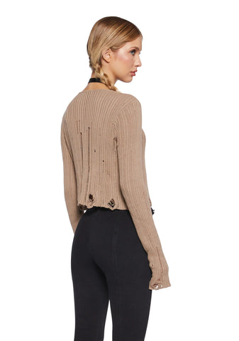 Somewhere Now Distressed Cardigan - Beige