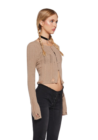 Somewhere Now Distressed Cardigan - Beige