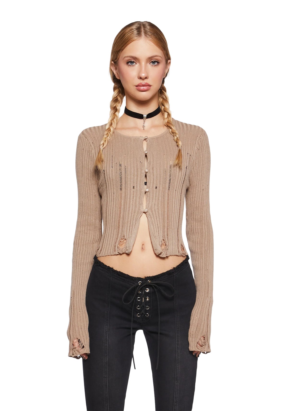 Somewhere Now Distressed Cardigan - Beige