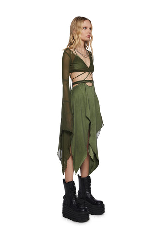 Echo Asymmetrical Mesh Wrap Dress - Green