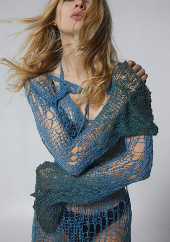 Ethereal Drop Knit Dress And Shrug Set - Blue