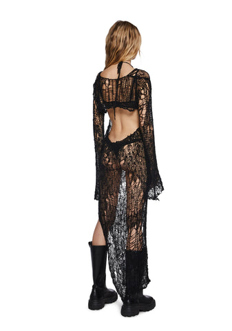 Ethereal Drop Knit Dress And Shrug Set - Black