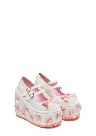 A Courtship of Bows Platform Mary Janes - Cream