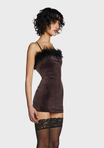 Brown Faux Fur Trim Mini Dress
