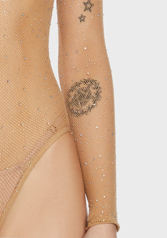 Nude Frozen Ice Rhinestone Fishnet Bodysuit