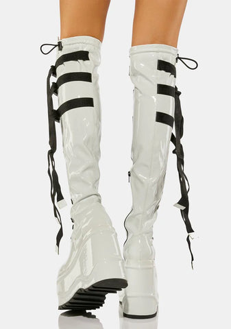 White Patent Wave-315 Thigh High Boots