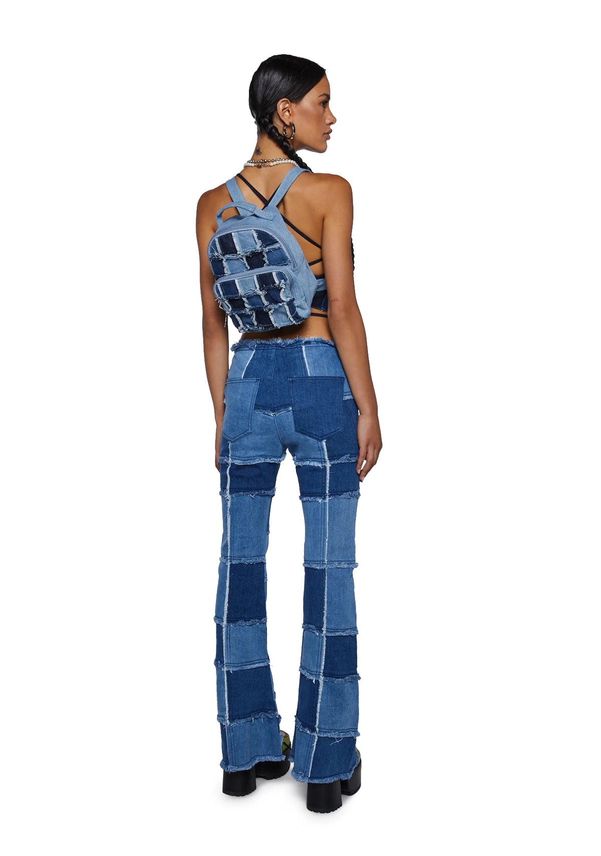 Raise The Vibration Patchwork Denim Backpack