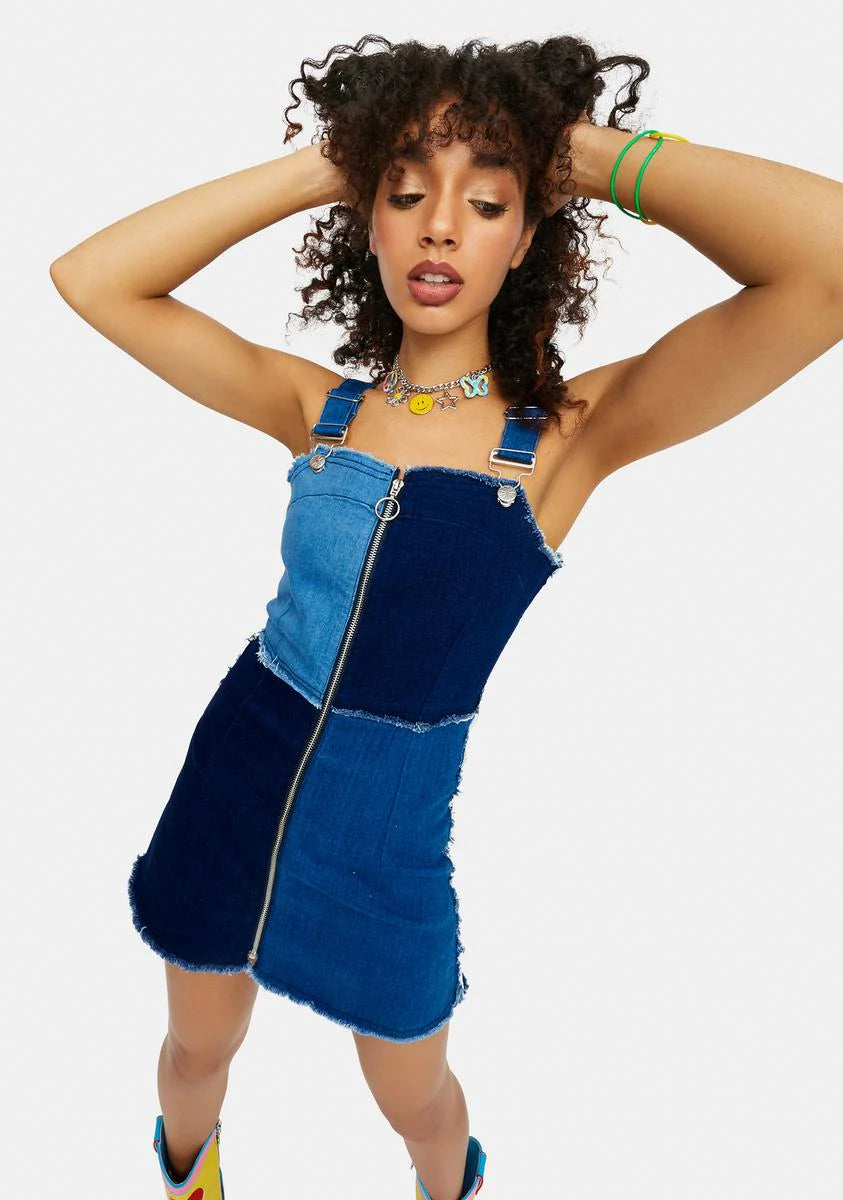 Raise The Vibration Patchwork Twill Overall Dress