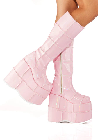 Pink Patent Stack Platform Boots