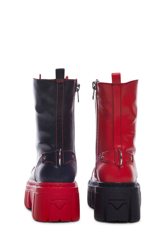 Devil Games Mismatched Combat Boots - Red