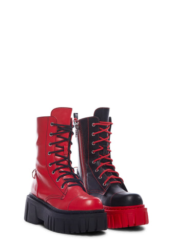 Devil Games Mismatched Combat Boots - Red