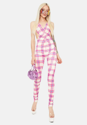 Blush Stand For Something Plaid Open Back Jumpsuit