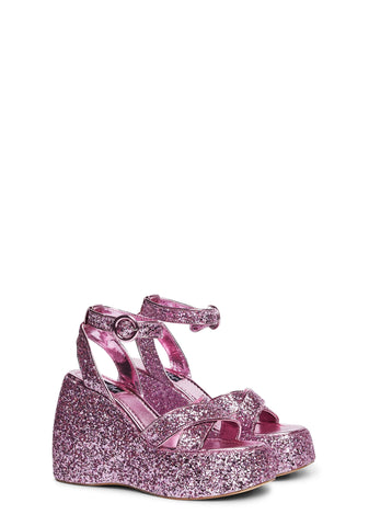 Queen Glitter Wedge Sandals - Pink