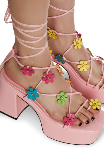 Avril Flower Platform Heels - Pink