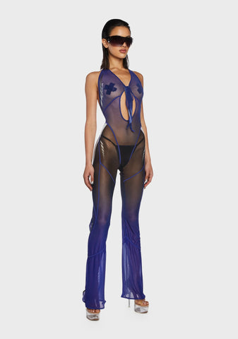 Mesh Tie Knot Speed Racer Jumpsuit - Blue
