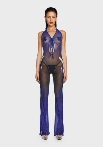 Mesh Tie Knot Speed Racer Jumpsuit - Blue