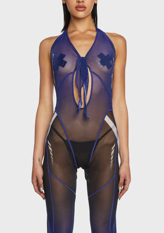 Mesh Tie Knot Speed Racer Jumpsuit - Blue