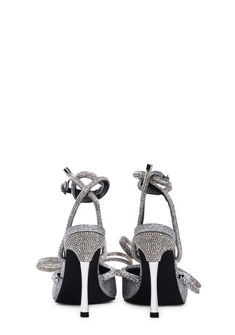 Midnight Diamante Bow Heels - Silver