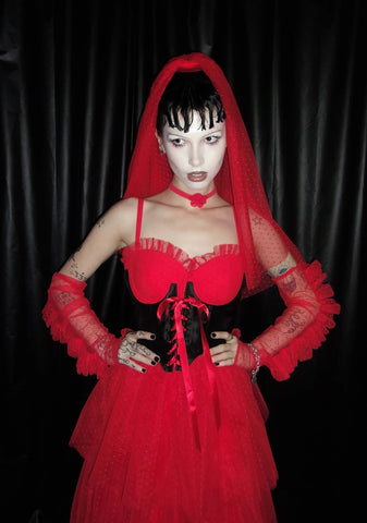 The Red Wedding Lace Maxi Dress And Gloves Set