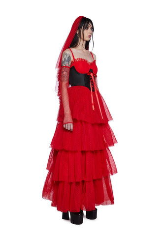 The Red Wedding Lace Maxi Dress And Gloves Set