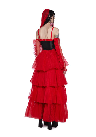 The Red Wedding Lace Maxi Dress And Gloves Set