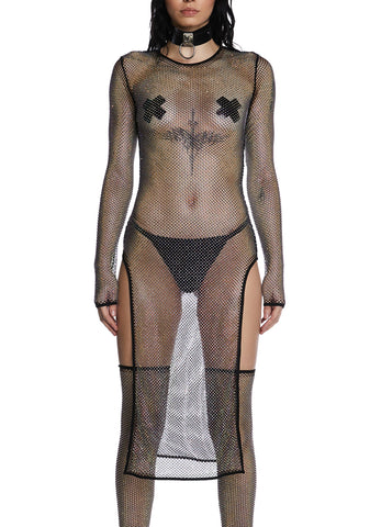 Starry Dancer Rhinestone Fishnet Dress