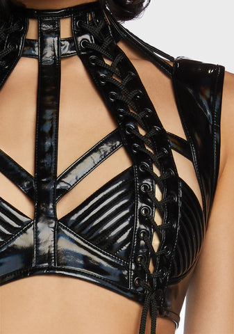 Rude Awakening Harness Bra Top - Black Holo