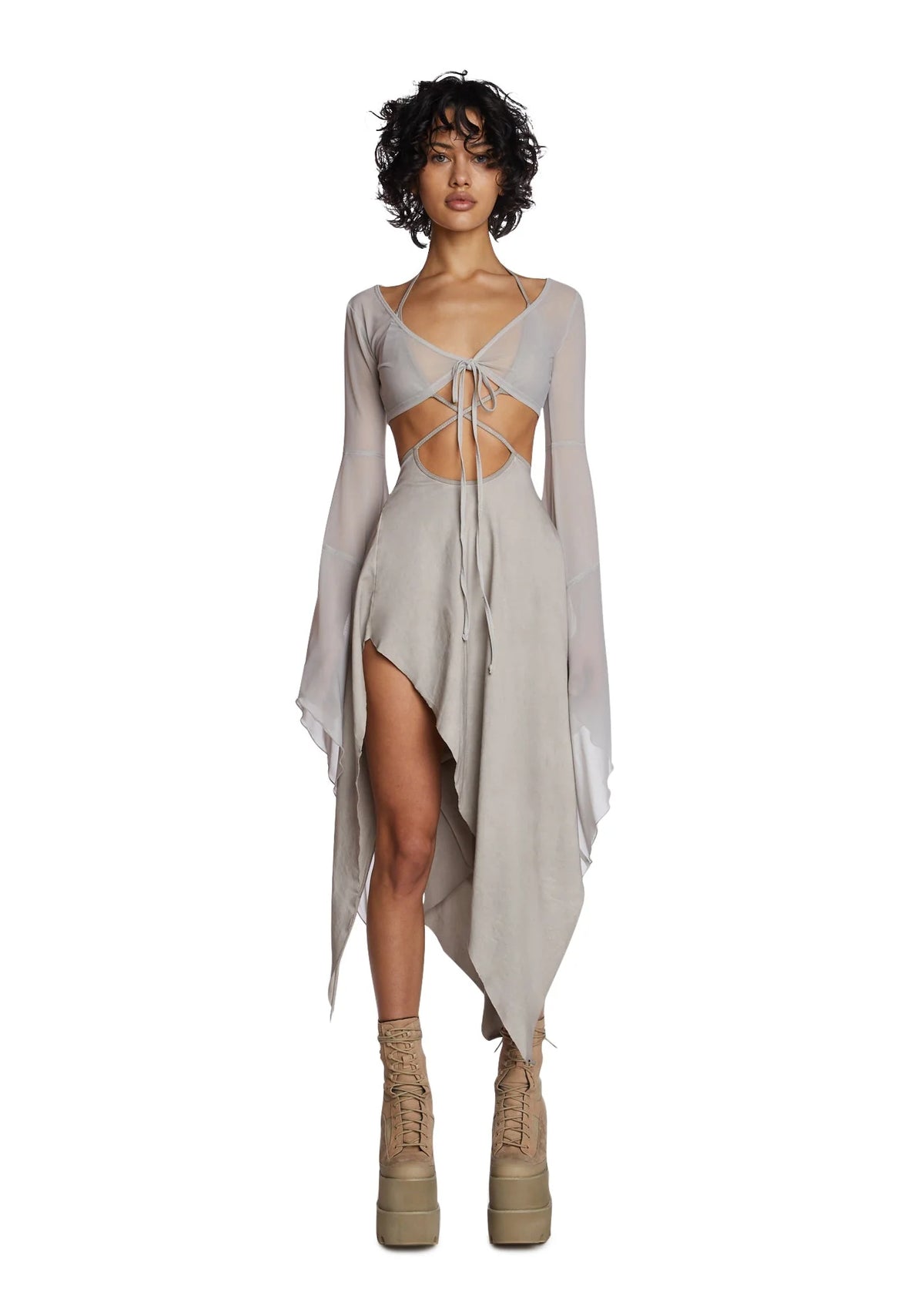 Echo Asymmetrical Mesh Wrap Dress - Off White