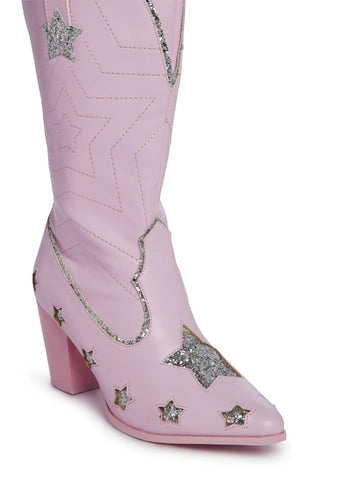 Pearl Star Space Cowgirl Boots - Pink/Silver