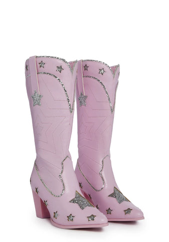 Pearl Star Space Cowgirl Boots - Pink/Silver