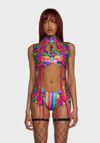 Rude Awakening Harness Bra Top - Rainbow Glitter