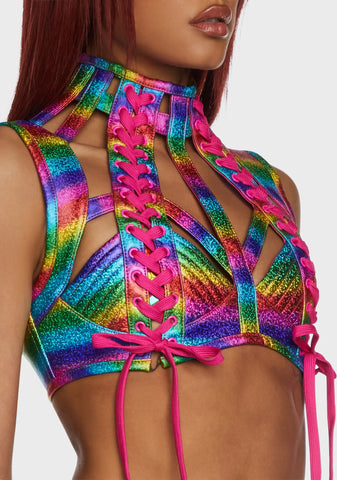 Rude Awakening Harness Bra Top - Rainbow Glitter