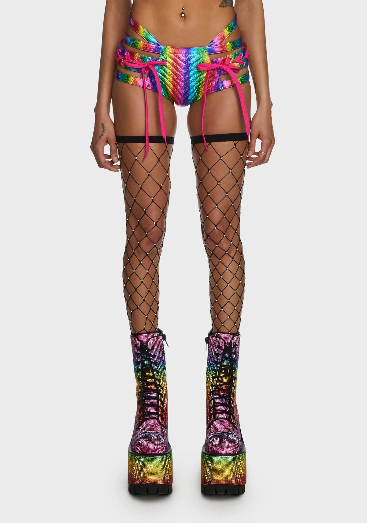 Rude Awakening Lace-Up Shorts - Rainbow Glitter