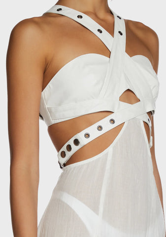 Replay Vegan Leather And Gauze Midi Dress - White