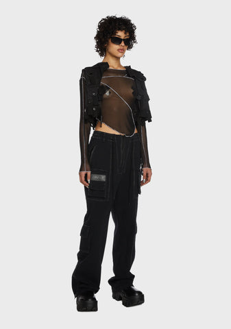 Replay Asymmetrical Mesh Long Sleeve Top - Black