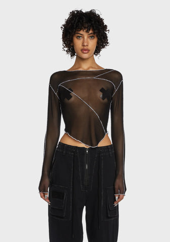 Replay Asymmetrical Mesh Long Sleeve Top - Black