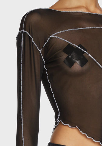 Replay Asymmetrical Mesh Long Sleeve Top - Black
