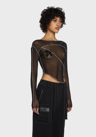 Replay Asymmetrical Mesh Long Sleeve Top - Black