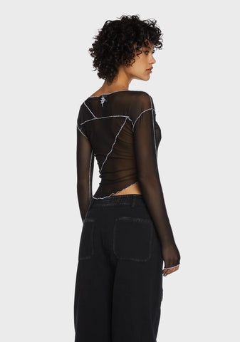 Replay Asymmetrical Mesh Long Sleeve Top - Black