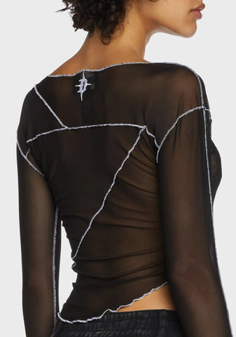 Replay Asymmetrical Mesh Long Sleeve Top - Black