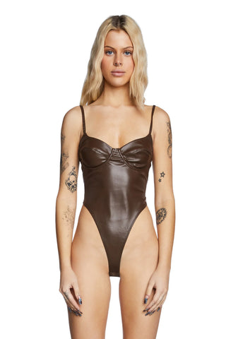 High-Cut Faux Leather Cupped Bodysuit