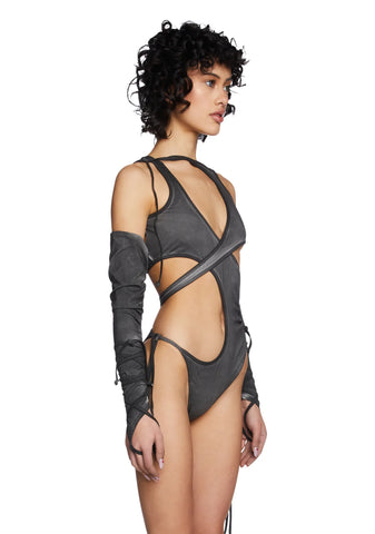 Compression Cut Out Bodysuit & Gloves Set - Charcoal