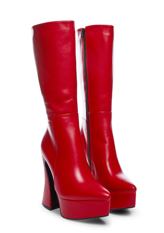 Wide Fit Red Sketchy Heeled Boots- Red