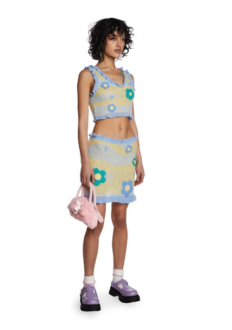 Blue Knitted Flower Skirt Set