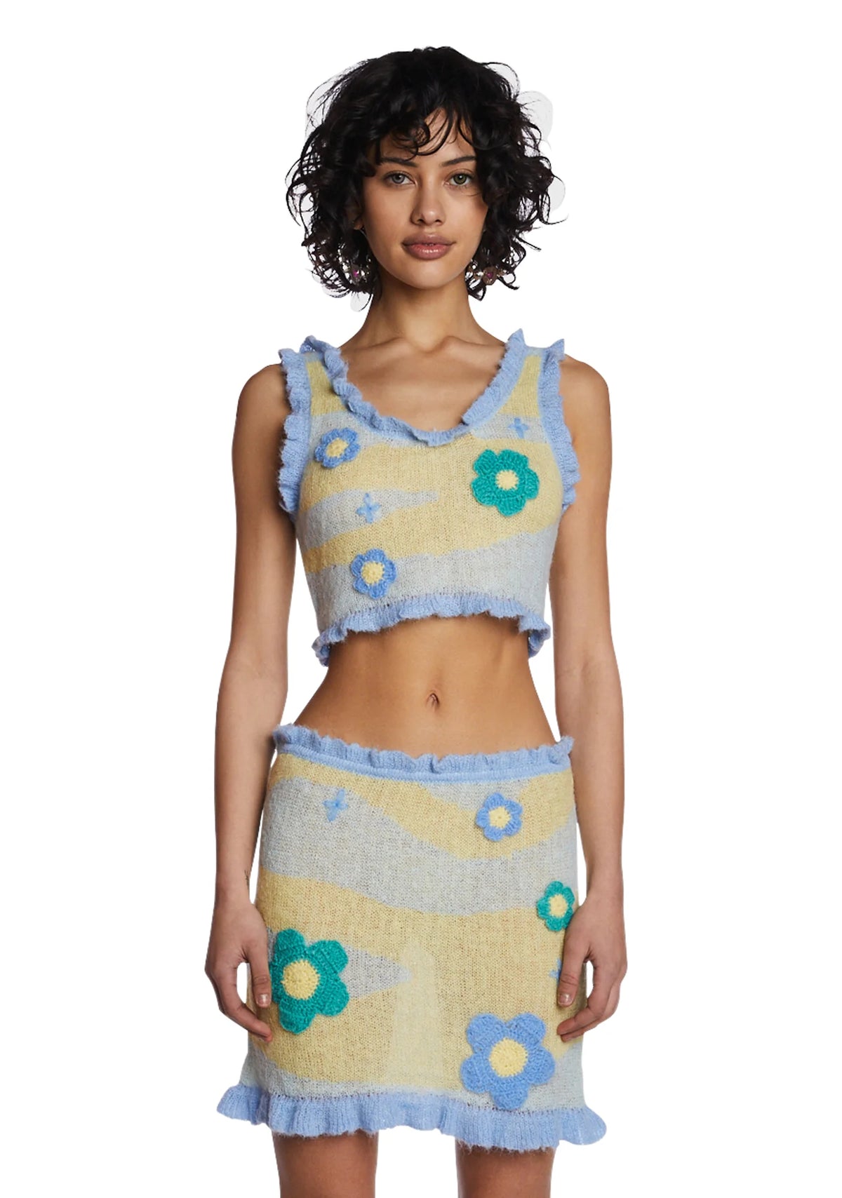 Blue Knitted Flower Skirt Set