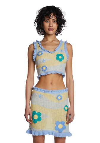 Blue Knitted Flower Skirt Set