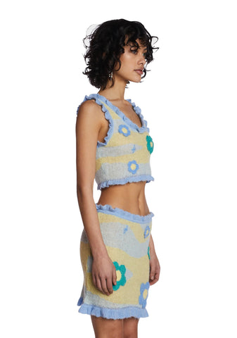 Blue Knitted Flower Skirt Set