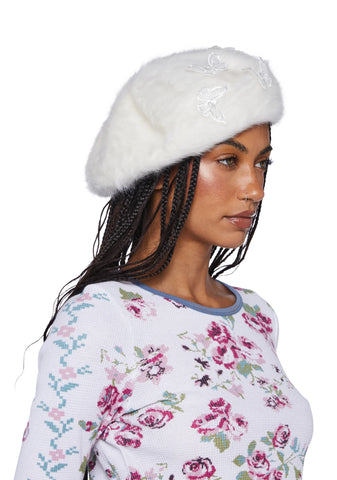 Feeling Fuzzy Butterfly Beret -White