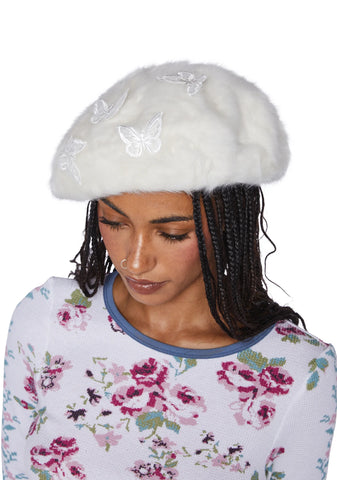 Feeling Fuzzy Butterfly Beret -White