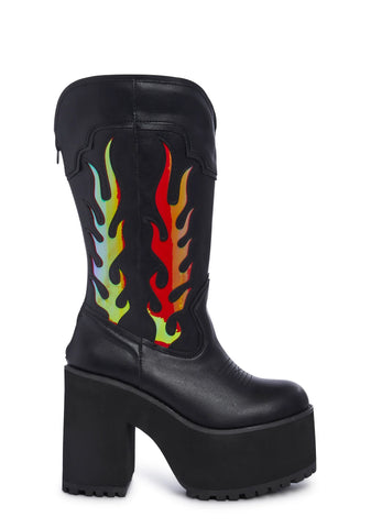 Bad B Flame Cowboy Boots - Black/Red